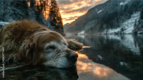Golden Retriever Relaxing by the Serene Lake at Sunset, Capturing a Tranquil Moment in Nature with Beautiful Reflections and Scenic Landscape