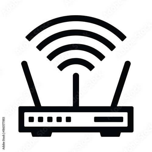 A black and white illustration of a wireless router with signal waves