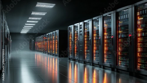 A Glimpse into a Modern Data Center: Rows of High-Tech Server Racks Illuminated by Multicolored Lights, Showcasing the Power of Information Technology Infrastructure