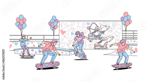 Skateboarders' Dreamscape: Illustrative skaters gracefully maneuver in a vibrant, artistic environment, embodying motion, color, and youthful exuberance. 