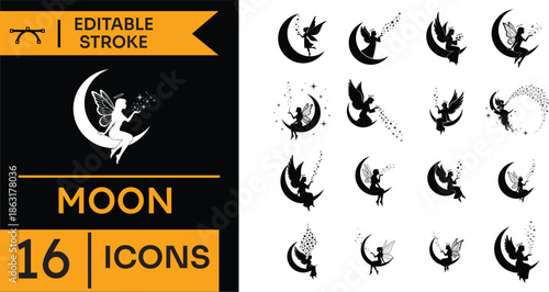 A collection of magical moon fairy icons and silhouettes for fantasy design projects