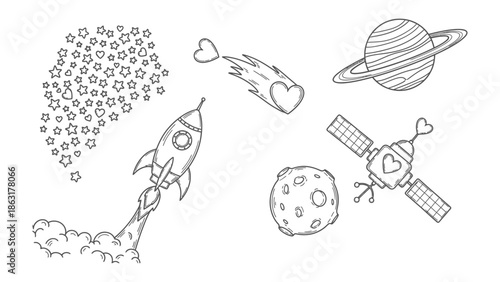Celestial Love: A charming line art illustration featuring rockets, planets, and celestial elements adorned with heart motifs. A whimsical and romantic vision of the cosmos.