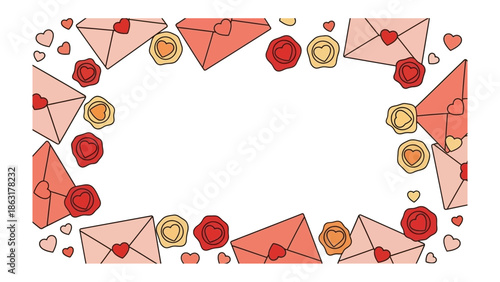 Romantic Frame of Love Letters: A delicate arrangement of love letters, wax seals, and hearts forms a beautiful frame, evoking feelings of affection and romance.