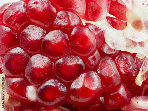 Close-up view of juicy pomegranate seeds showing vibrant red color and unique texture with natural light enhancing details