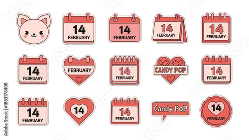 Love-filled Calendars: A set of Valentine's Day calendar icons in charming illustrations. Showcasing the sweetest date on a pink backdrop