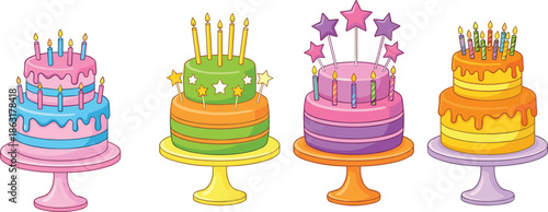 Colorful birthday cake illustration set, festive layered desserts with candles, cartoon celebration sweets for party design, invitations, greetings, cards, posters