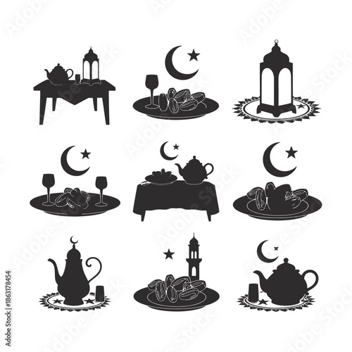 ramadan iftar table decoration, beautiful dinner setup with food, dates, water, festive party scene, silhouette vector illustration, flat minimal design, cultural celebration, isolated on white backgr