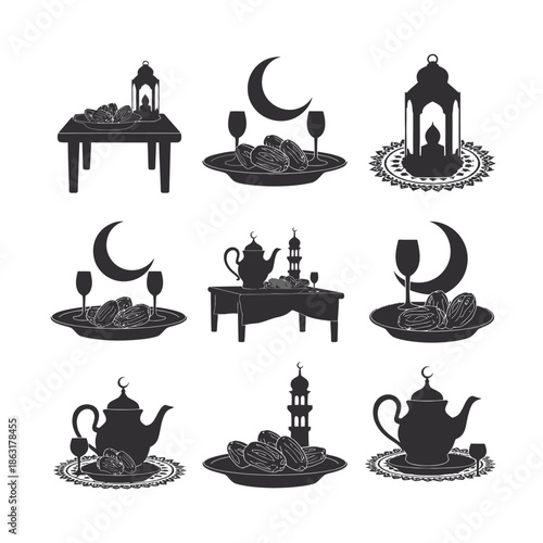 ramadan iftar table decoration, beautiful dinner setup with food, dates, water, festive party scene, silhouette vector illustration, flat minimal design, cultural celebration, isolated on white backgr