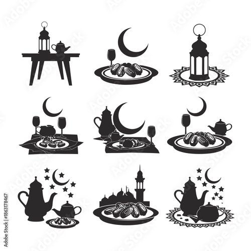 beautiful ramadan iftar table ideas, dinner table with food, dates and water, silhouette illustration, festive gathering, cultural celebration, flat minimal vector icons, isolated on white background.