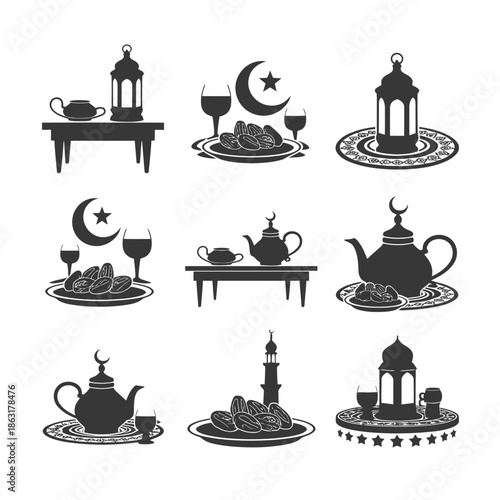 beautiful ramadan iftar table ideas, dinner table with food, dates and water, silhouette illustration, festive gathering, cultural celebration, flat minimal vector icons, isolated on white background.