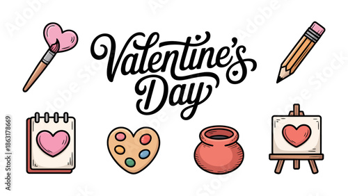 Valentine's Day Icon set: Charming illustrations for Valentine's Day include a paint brush, pencil, notepad, paint palette and easel, celebrating love. 
