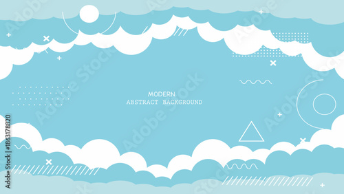 Modern abstract background with white clouds and geometric shapes on blue, minimalist design for creative projects and presentations with template
