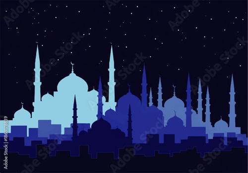A serene nighttime cityscape illustration of a mosque and buildings in various shades of blue, set against a starry sky, created in a flat design vector style.