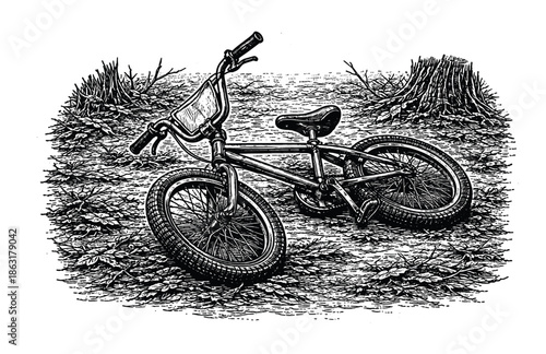 Vintage Engraving of Abandoned Bicycle in Forest Clearing