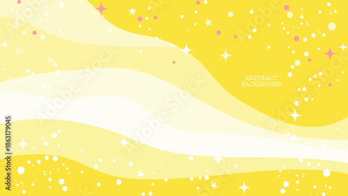 Vibrant yellow abstract background with white and pink sparkles and stars, wavy lines, festive and celebratory atmosphere, perfect for graphic design, digital art