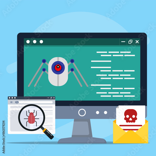 Cybersecurity malware detection concept showing computer screen with virus alert, hacker threat, bug analysis, phishing email, and system protection for digital security and data privacy.