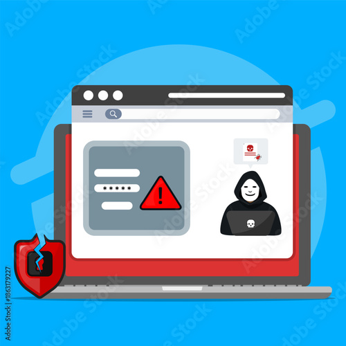 Cybersecurity concept illustration showing hacker attack, malware warning, data breach alert, and online protection on laptop screen, representing internet security, hacking risks, and digital defense