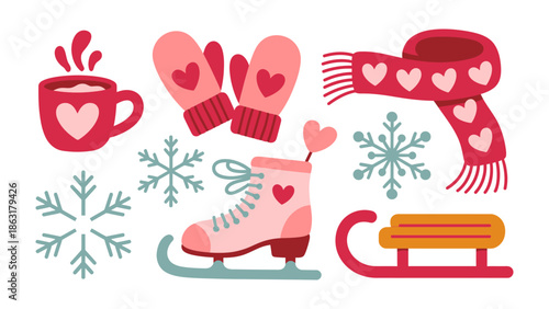 Winter's Embrace: A charming arrangement of winter accessories, each adorned with hearts, creating a cozy and heartwarming scene of the season's delights.