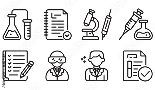 Medical research and clinical workflow outline icon set