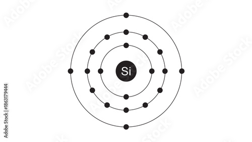 Minimal vector diagram of a silicon atom showing central Si nucleus and concentric electron shells with spaced orbiting dots in black and white