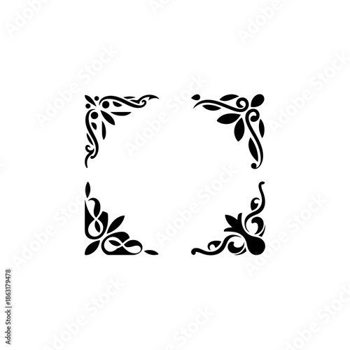 4 elegant decorative corner ornaments, solid black fill, vector, white background”