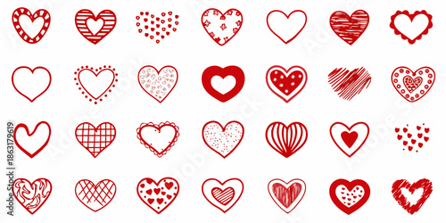 Collection of diverse red heart shapes and patterns on a white background
