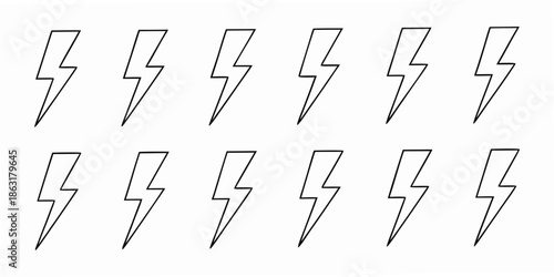 A grid of simple black and white lightning bolt illustrations on a white background