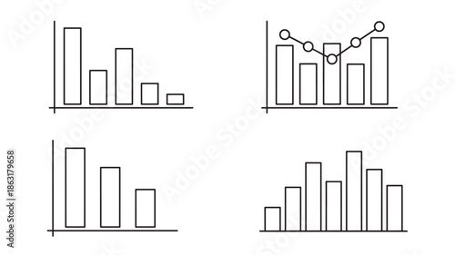 Four minimalist outline bar chart icons with axes and a line graph overlay, black vector data visualization illustrations for dashboards