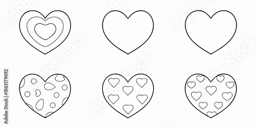 Collection of hand drawn heart shapes including solid nested and patterned designs