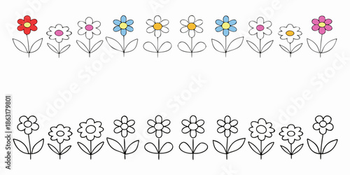 A row of colorful and simple flower outlines with detailed buds below
