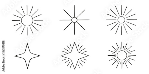 Abstract geometric shapes in black and white resembling stars or suns