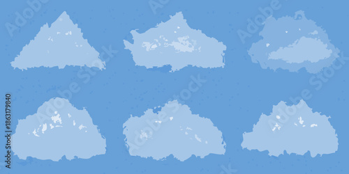 Abstract blue background with six irregularly shaped white cloud formations