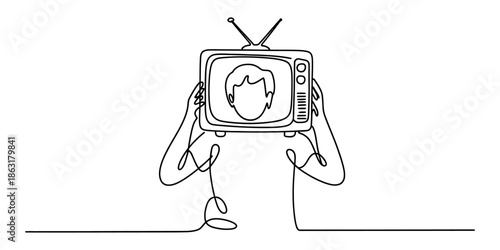 Continuous line drawing of a person holding an old television set in place of their head Vector, illustration