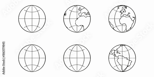 A series of oval shaped globes depicting earth s geography and grid lines