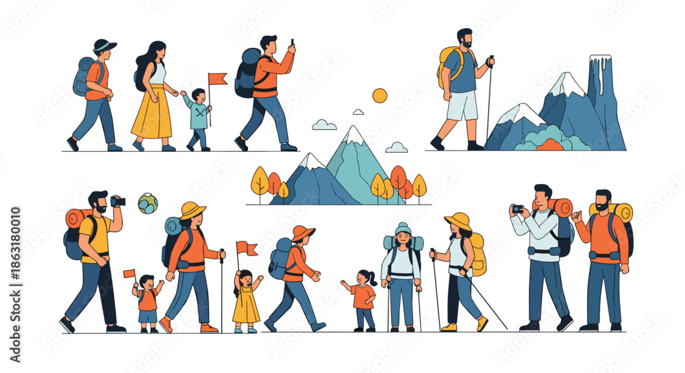 Naklejka premium Diverse groups of people and families with backpacks hiking through a mountain landscape with colorful autumn trees and peaks.