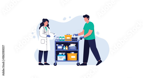 Female doctor in a white coat consulting a document while a male assistant pushes a medical trolley filled with healthcare supplies.