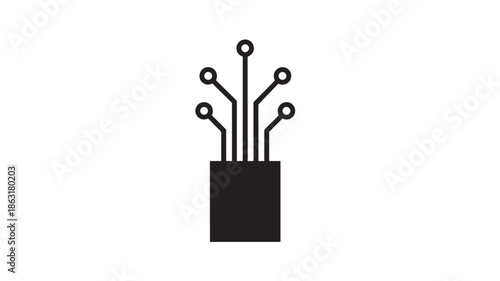 Minimalist black circuit icon showing a square base with multiple branching traces ending in circular pads, vector outline style