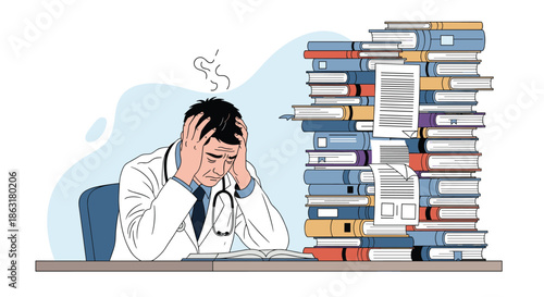 Overworked male doctor sitting at a desk and holding his head in stress next to a massive stack of medical textbooks and documents.