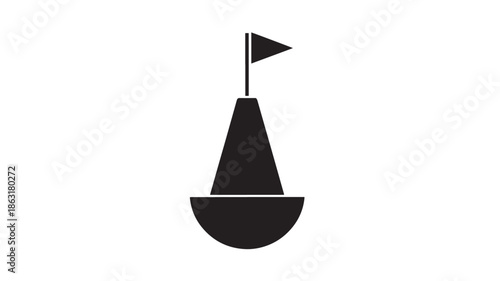 Black sailboat silhouette icon with a tall triangular sail, small flag on a mast, and a curved hull in minimalist flat design on white background