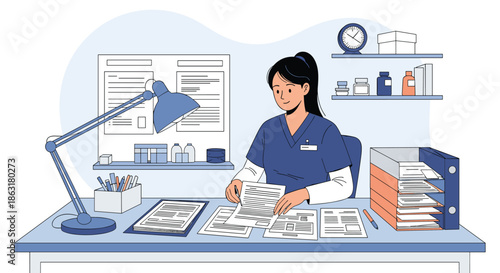 Female medical professional in blue scrubs sitting at a desk and reviewing patient documents in a well organized clinical office.