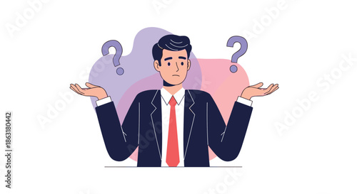 Confused businessman in a suit and tie shrugging his shoulders with question marks in the background signifying uncertainty.