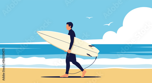 Man in a black wetsuit walking along the sandy beach while carrying a white surfboard under a clear blue sky with seagulls.