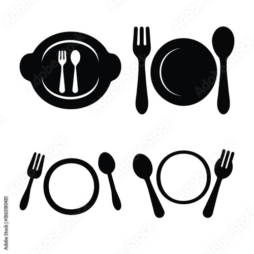 Elegant collection of kitchen and dining essential icons featuring various cutlery and dishware setups