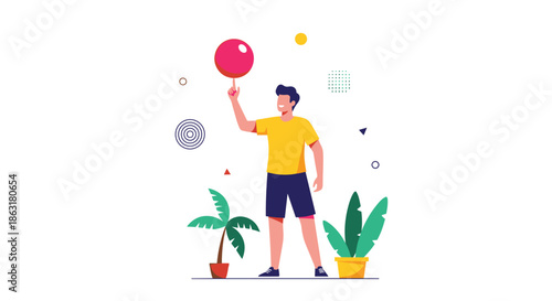 Energetic young man in a yellow shirt and blue shorts spinning a red ball on his index finger against a background with shapes.