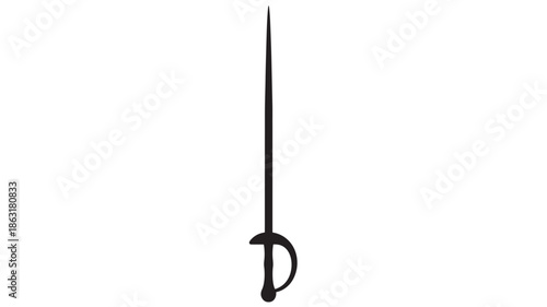 Vertical dagger silhouette with a long straight blade and curved guard forming a loop, black vector icon on white background, line-art style