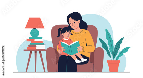 Loving mother sits in a comfortable armchair reading an interesting storybook to her young daughter in a cozy home environment.