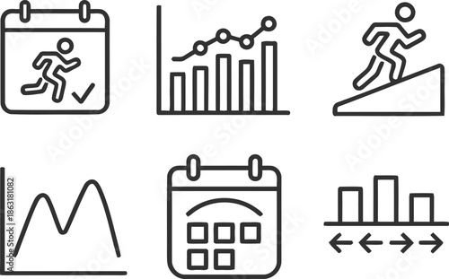 Fitness and progress tracking icons set for workout planning and achievement