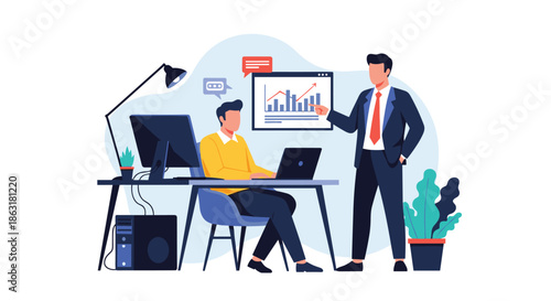 Senior manager points at a data chart on the wall while his colleague works on a desktop computer in a modern office setting.