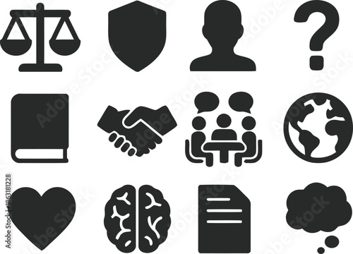 Law business and human rights icons representing justice protection and communication
