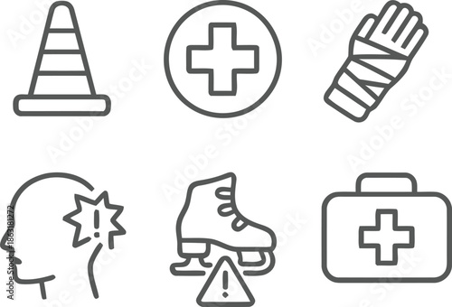 Outline icons for safety and injury prevention including traffic cone, first aid kit, and head injury